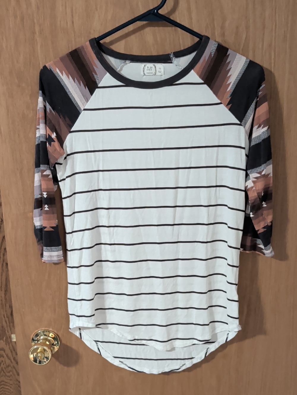 Striped Raglan Long Sleeve Top with Geo Print Sleeves - Cream & Brown